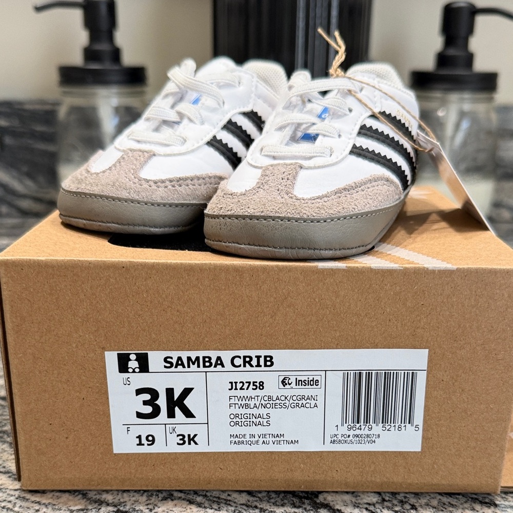 adidas Kids Samba Crib Sneakers in White, Gray, Black